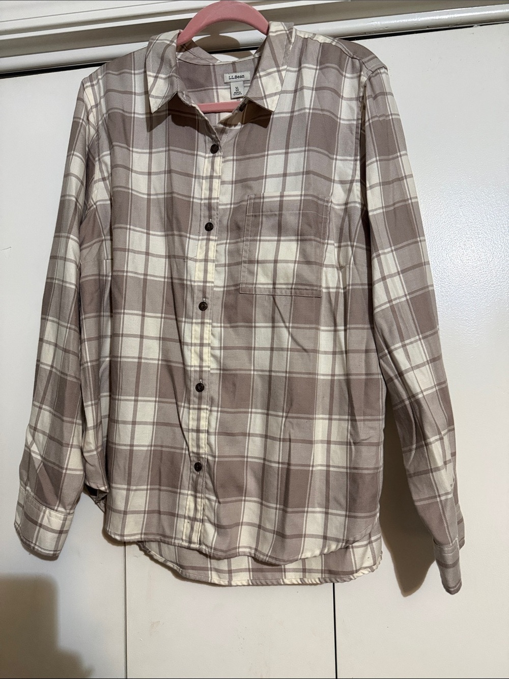 L.L. Bean Women’s Taupe and Cream Plaid Button-Down Shirt